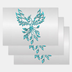 Teal Blue Phoenix on Silver Wrapping Paper Sheet