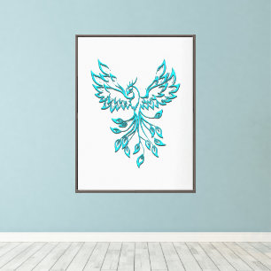 Teal Blue Phoenix Rises on Faint Silver Canvas Print