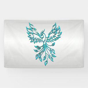 Teal Blue Phoenix Rises on Silver Banner