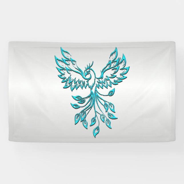 Teal Blue Phoenix Rises on Silver Banner (Horizontal)