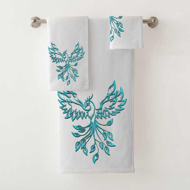Teal Blue Phoenix Rises on Silver Bath Towel Set (Insitu)