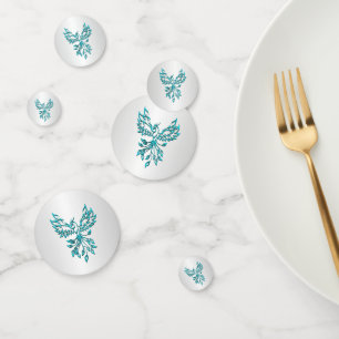 Teal Blue Phoenix Rises on Silver Confetti