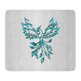 Teal Blue Phoenix Rises on Silver Cutting Board
