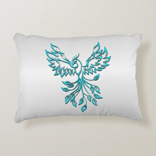 Teal Blue Phoenix Rises on Silver Decorative Cushion (Front)