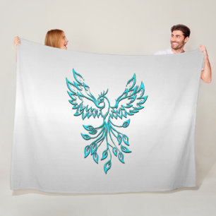 Teal Blue Phoenix Rises on Silver Fleece Blanket