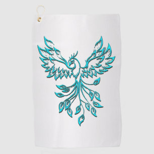 Teal Blue Phoenix Rises on Silver Golf Towel