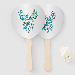 Teal Blue Phoenix Rises on Silver Hand Fan