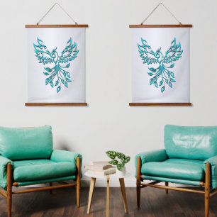 Teal Blue Phoenix Rises on Silver Hanging Tapestry