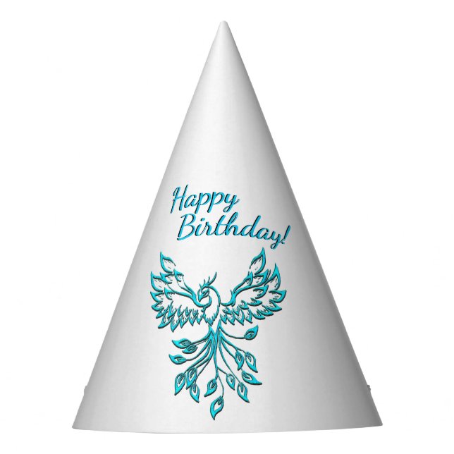 Teal Blue Phoenix Rises on Silver Happy Birthday Party Hat (Front)
