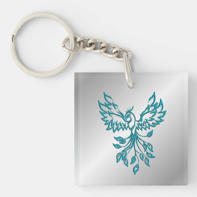 Teal Blue Phoenix Rises on Silver Key Ring (Front)