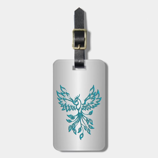 Teal Blue Phoenix Rises on Silver Luggage Tag (Front Vertical)