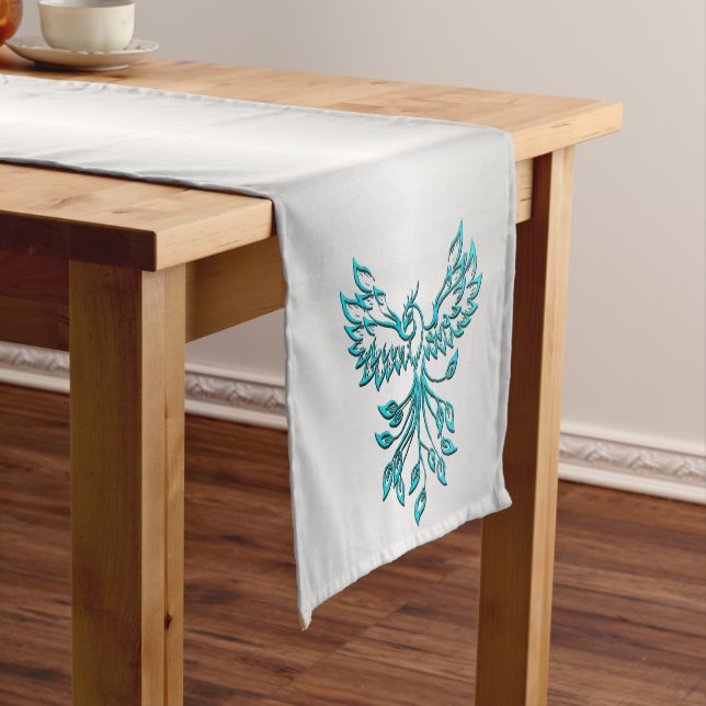 Teal Blue Phoenix Rises on Silver Medium Table Runner (In Situ)