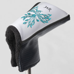 Teal Blue Phoenix Rises on Silver Monogram Golf Head Cover