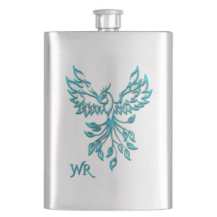 Teal Blue Phoenix Rises on Silver Monogram Hip Flask