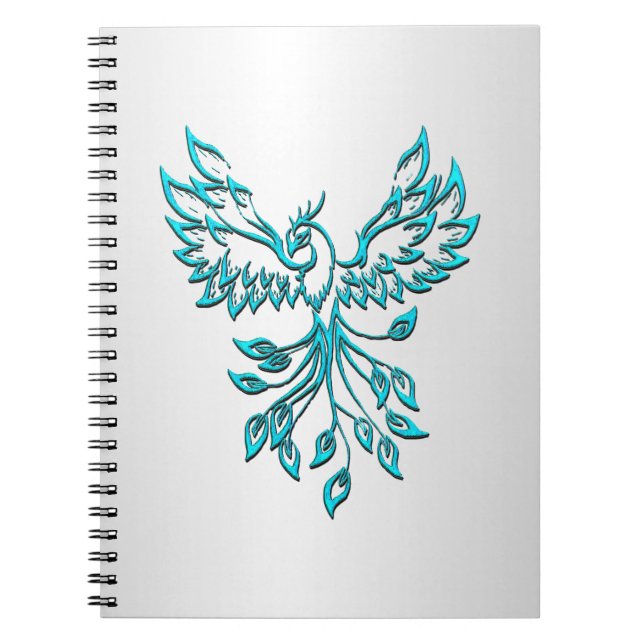 Teal Blue Phoenix Rises on Silver Notebook (Front)