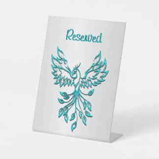Teal Blue Phoenix Rises on Silver Pedestal Sign