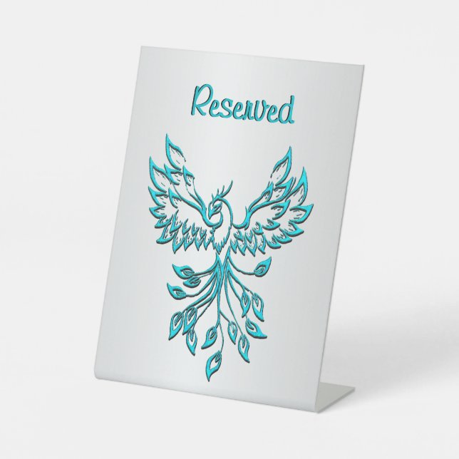 Teal Blue Phoenix Rises on Silver Pedestal Sign (Front)