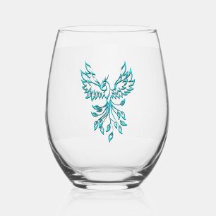 Teal Blue Phoenix Rises on Silver Stemless Wine Glass