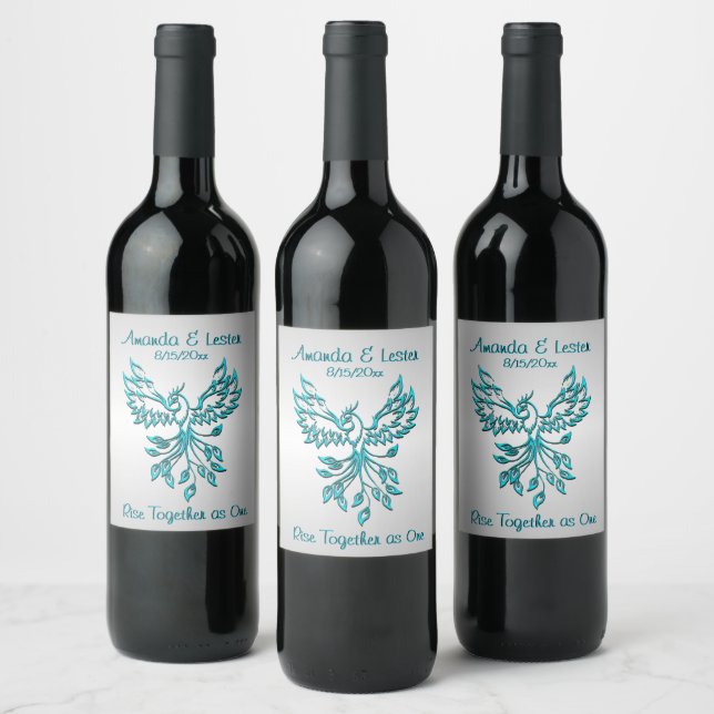 Teal Blue Phoenix Rises on Silver Wedding Couple Wine Label (Bottles)