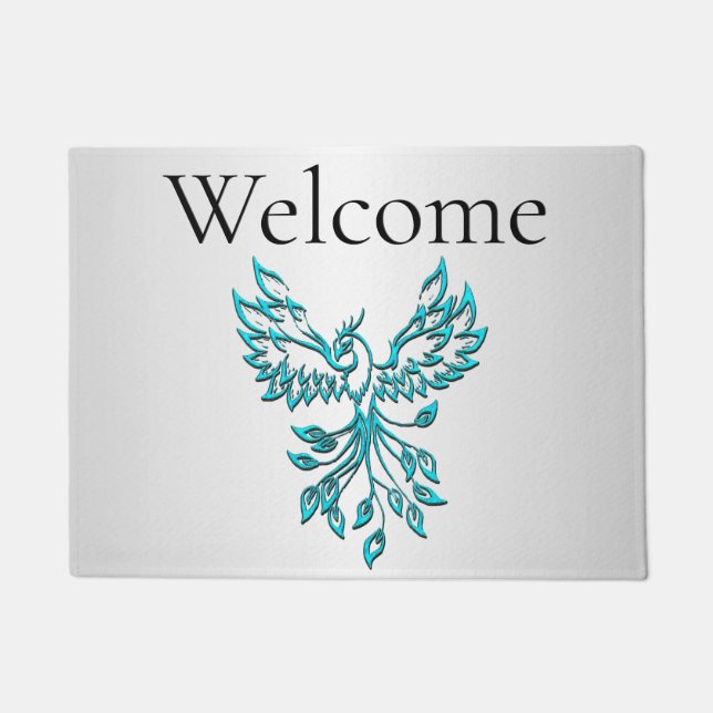 Teal Blue Phoenix Rises on Silver Welcome Doormat (Front)