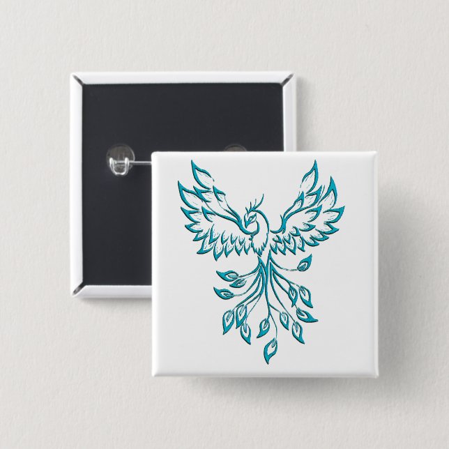 Teal Blue Phoenix Rises on White 15 Cm Square Badge (Front & Back)