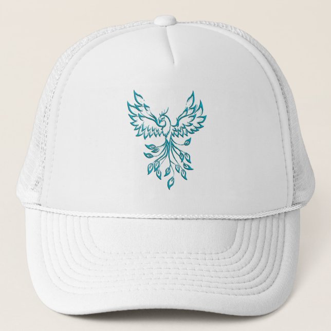 Teal Blue Phoenix Rises on White Trucker Hat (Front)