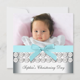 Teal Blue Photo Baby Girl Christening Invitation