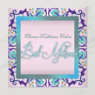Teal Blue Pink Bat Mitzvah Invitations