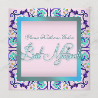Teal Blue Pink Bat Mitzvah Invitations