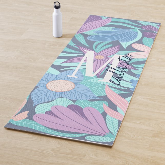 Teal Blue Pink Floral Illustration Monogram Yoga Mat (In Situ)