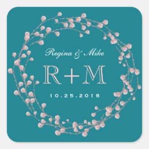 Teal Blue Pink Floral Wreath Wedding Favour Sticke Square Sticker