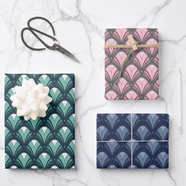 TEAL BLUE PINK GRAY ART DECO PATTERNS WRAPPING PAPER SHEET (Front)
