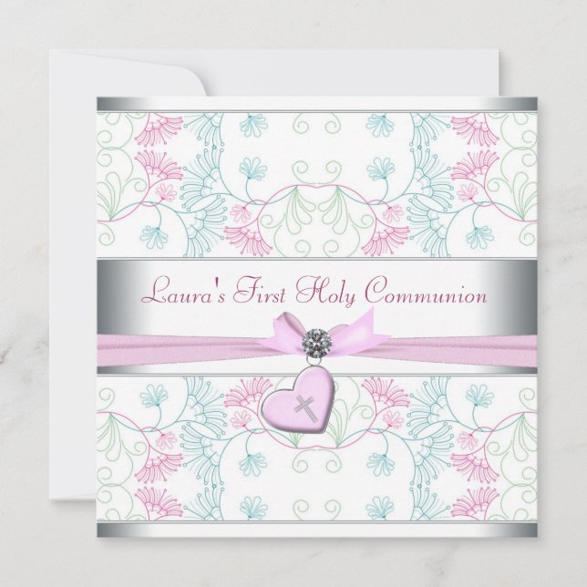 Teal Blue Pink Heart White Pink Cross First Commun Invitation (Front)