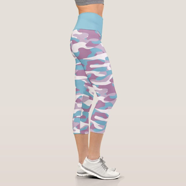 Teal Blue Pink Purple White Camouflage Pattern Capri Leggings (Right)