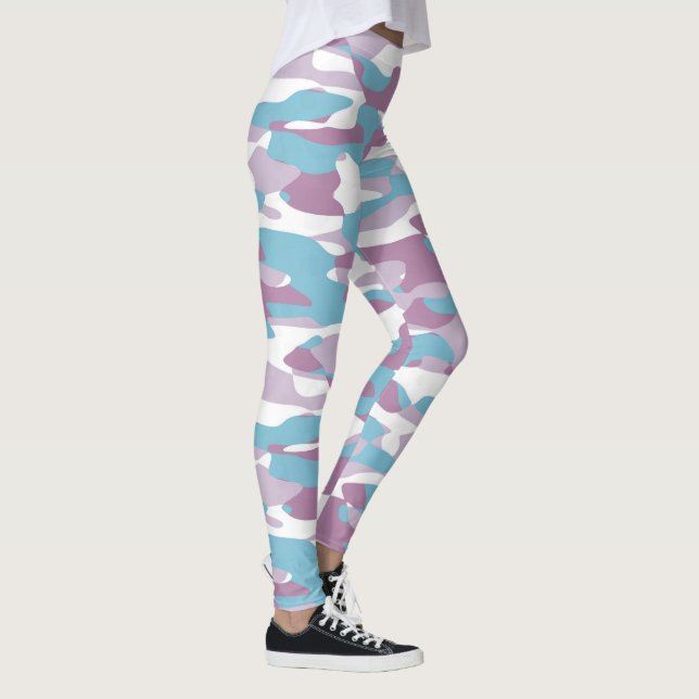 Teal Blue Pink Purple White Camouflage Pattern Leggings (Right)