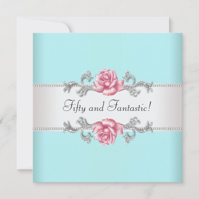 Teal Blue Pink Roses Womans 50th Birthday Party Invitation (Front)