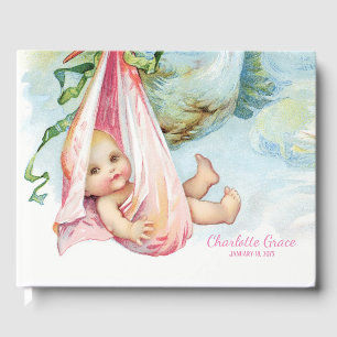 Teal Blue Pink Vintage Stork Baby Shower Guest Book