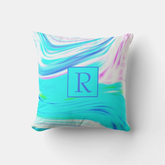 Teal Blue Pink White Abstract Waves Monogram Cute Cushion (Front)