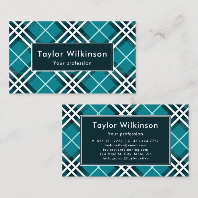 Teal Blue Plaid Business Card (Front/Back)