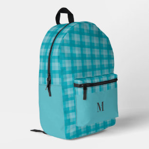 Teal Blue Plaid Checks Personalised Monogram Printed Backpack