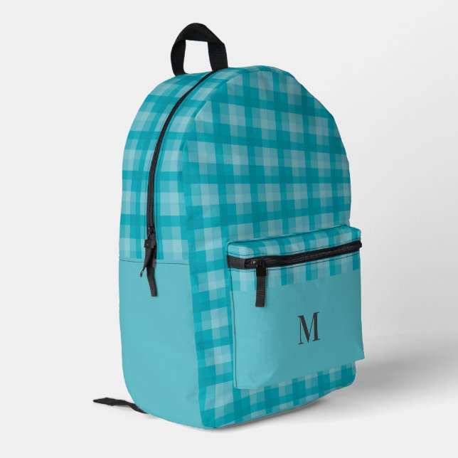 Teal Blue Plaid Checks Personalised Monogram Printed Backpack (Back Corner Left)