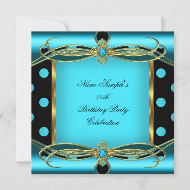 Teal Blue Polka Dots Gold Black Birthday Party Invitation (Front)