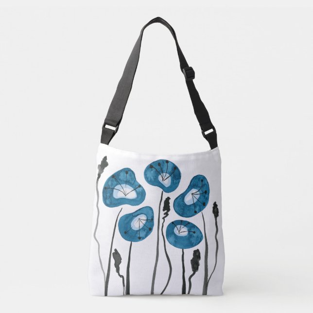 Teal Blue Poppies Crossbody Bag (Front)