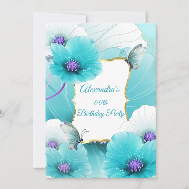 Teal Blue Poppies Flower Birthday Party invite (Front)