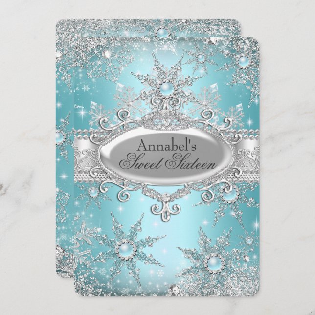Teal Blue Princess Winter Wonderland Sweet 16 Invitation (Front/Back)