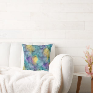 Teal Blue Purple and Soft Yellow Watercolor Marble Cushion