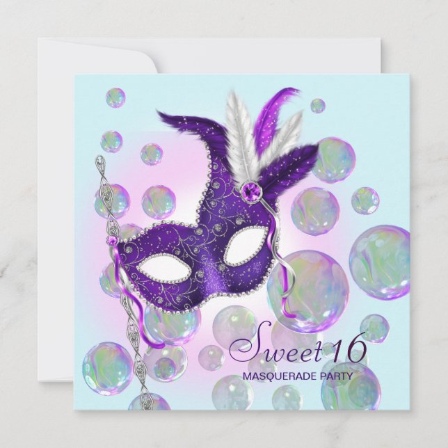 Teal Blue Purple Bubbles Sweet Sixteen Masquerade Invitation (Front)