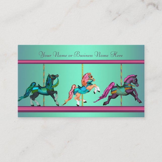 Teal Blue Purple Carousel Painted Horses Business Card (Front)