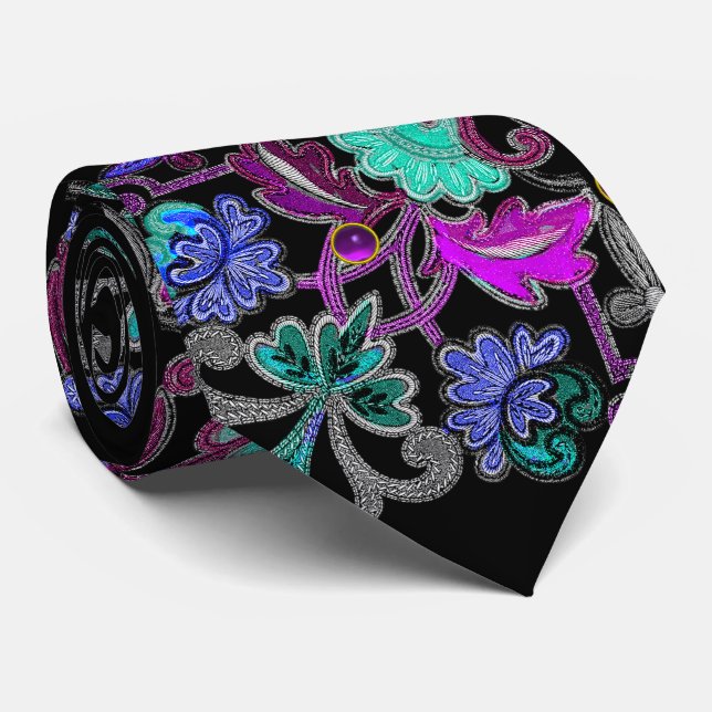 TEAL BLUE PURPLE FLOWERS ,GEMSTONES Black Floral Tie (Rolled)