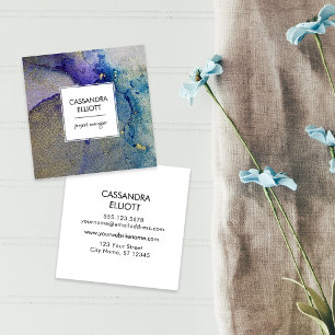 Teal Blue Purple & Gold Abstract Liquid Art Square Business Card